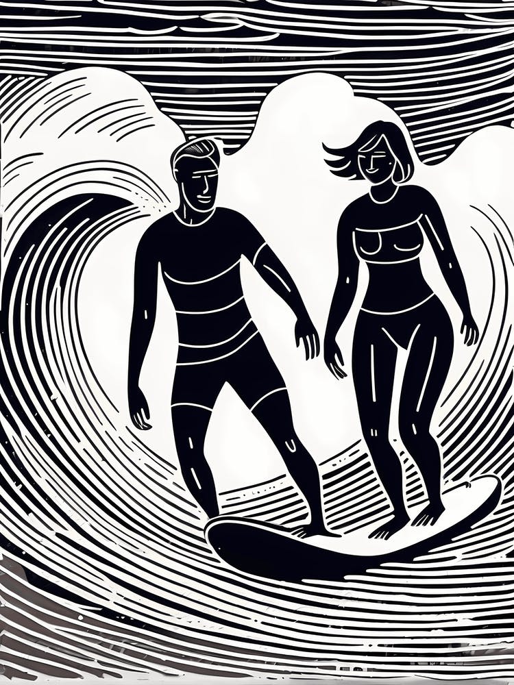 A Couple Surfing Linocut inspired Black And White Painting , surfing art, surf 214