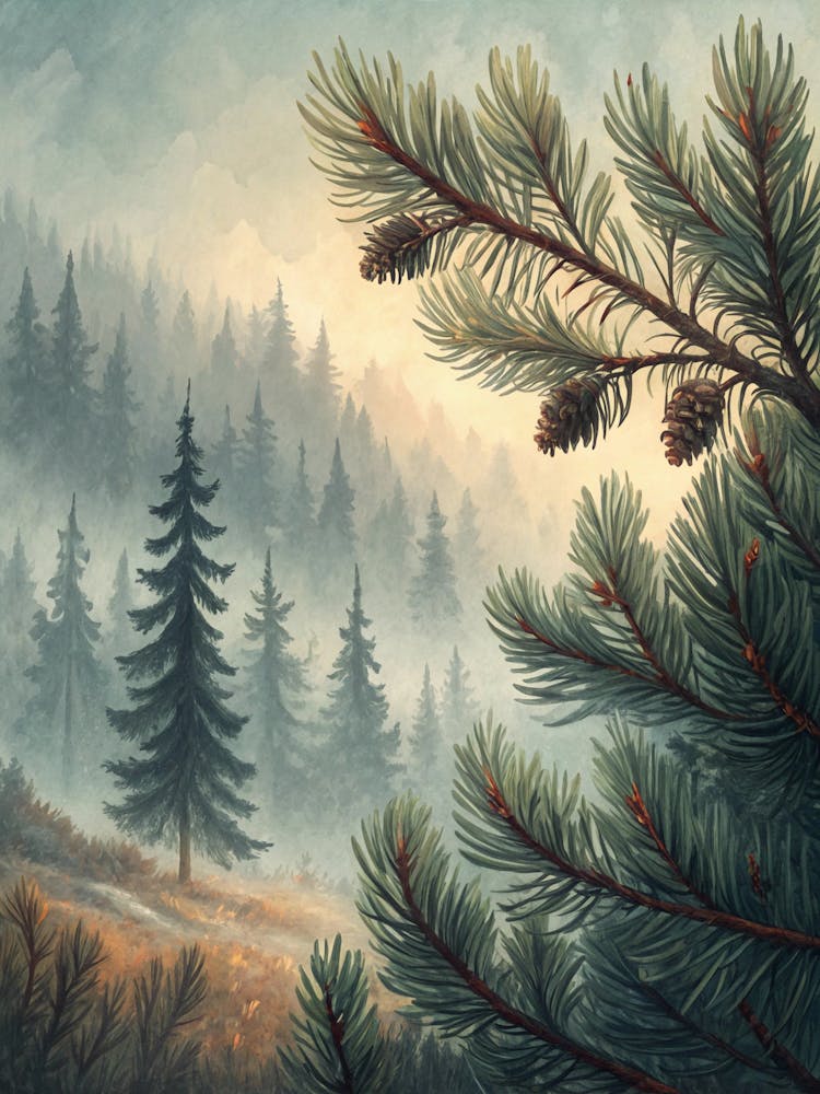 Oil Painting Style Stylized Pine Needles Over Fogg