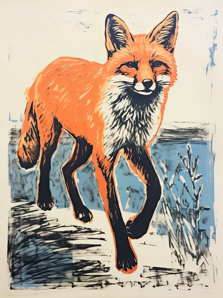 Red Fox, Woodblock Animal Drawing 1