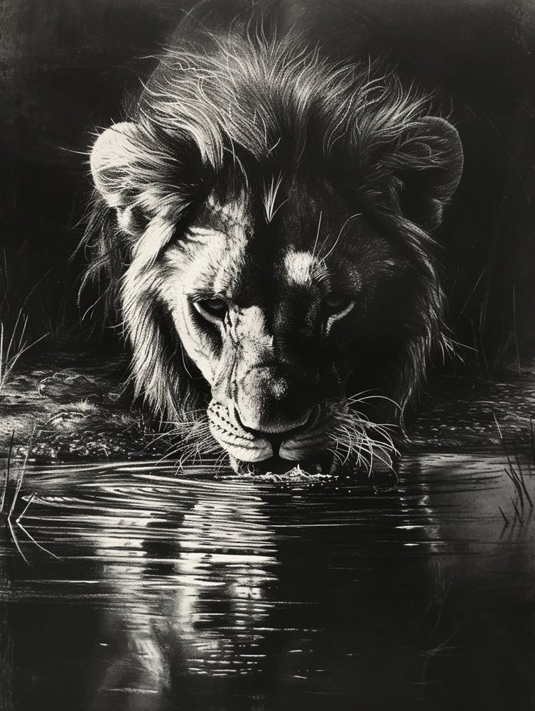 African Lion Charcoal Drawing Drinking From A Watering Hole 4