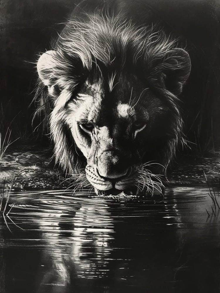 African Lion Charcoal Drawing Drinking From A Watering Hole 4