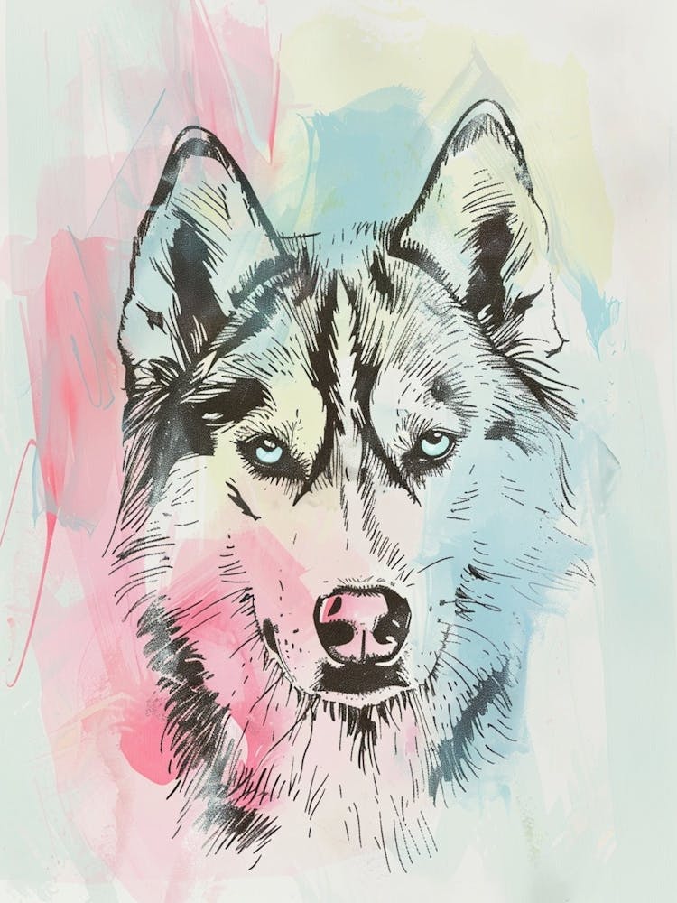 Husky Dog Pastel Line Watercolour Illustration  1
