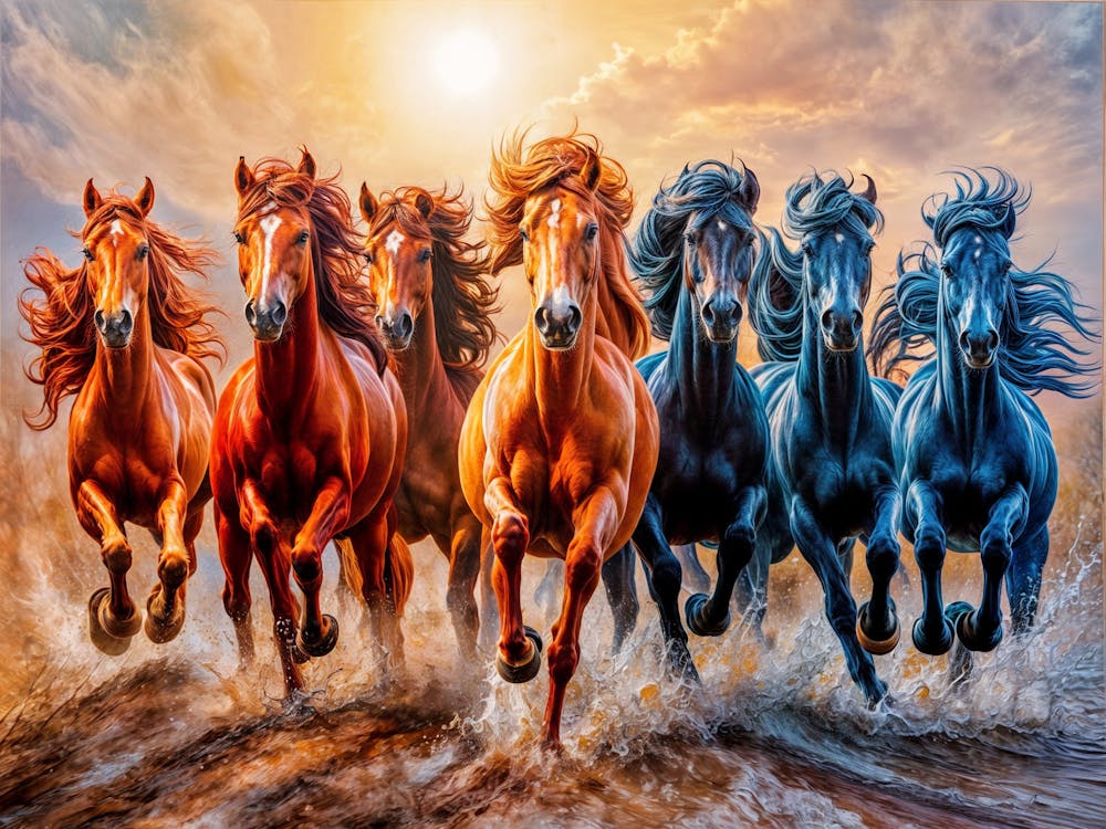 An Exquisite Oil Painting Capturing Seven Horses Galloping