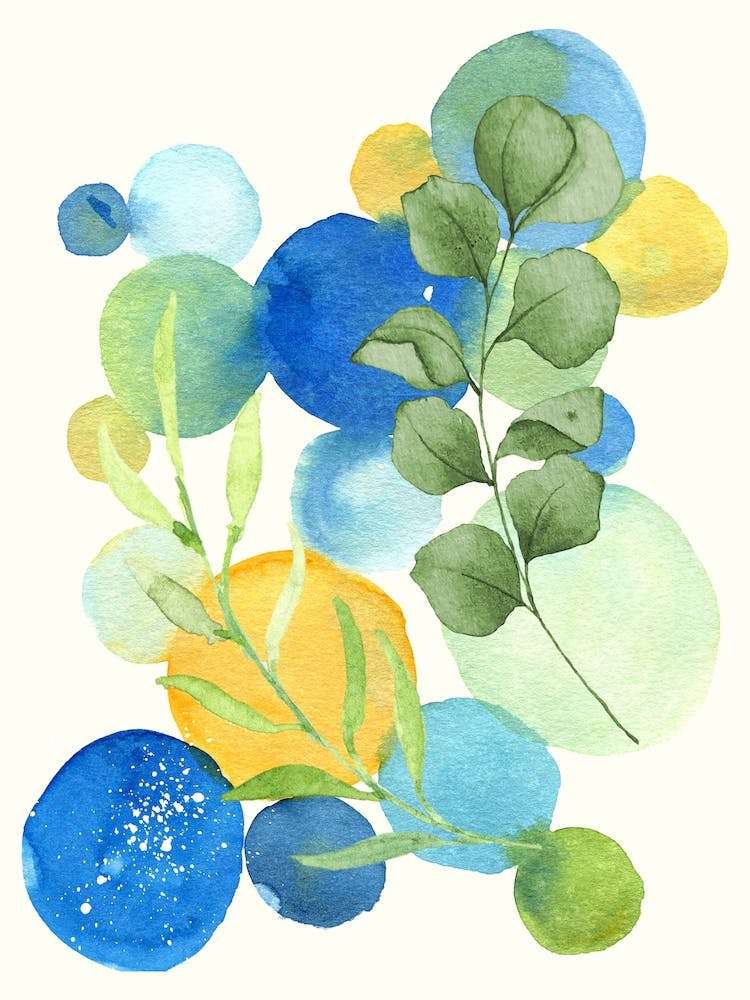Abstract watercolor with eucalytus branches