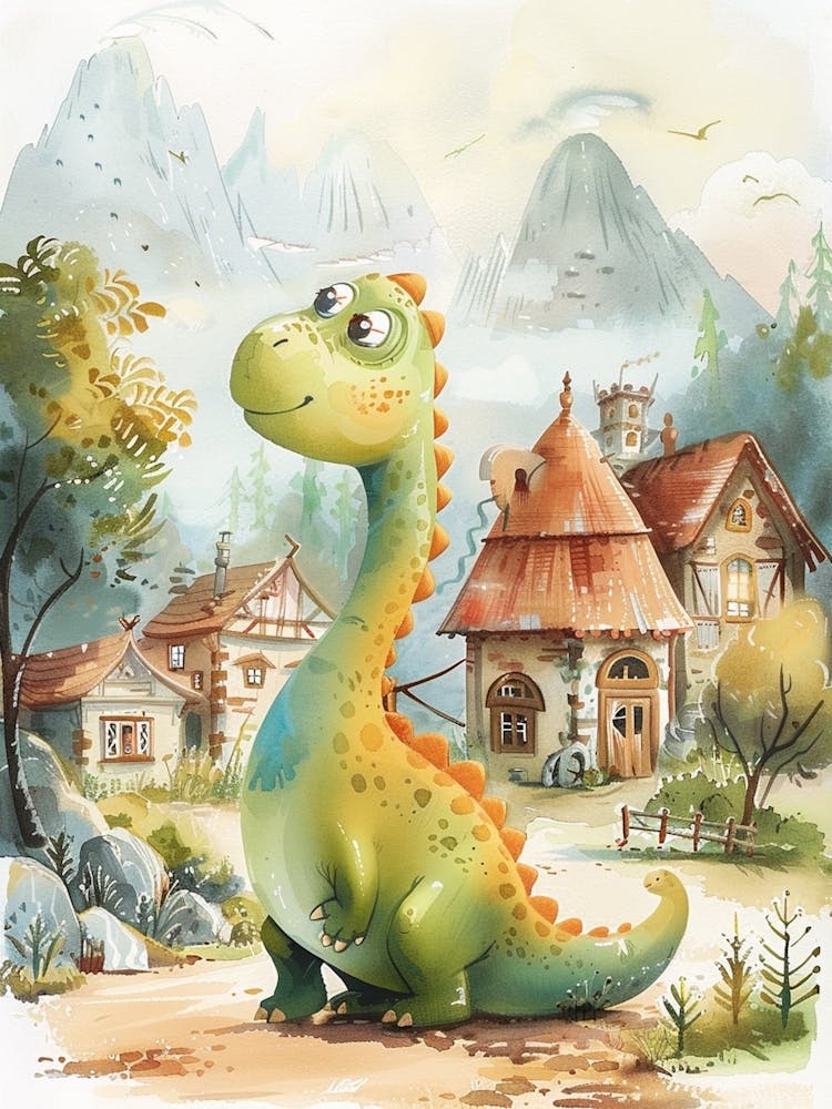 Dinosaur In A Village Storybook Style 2
