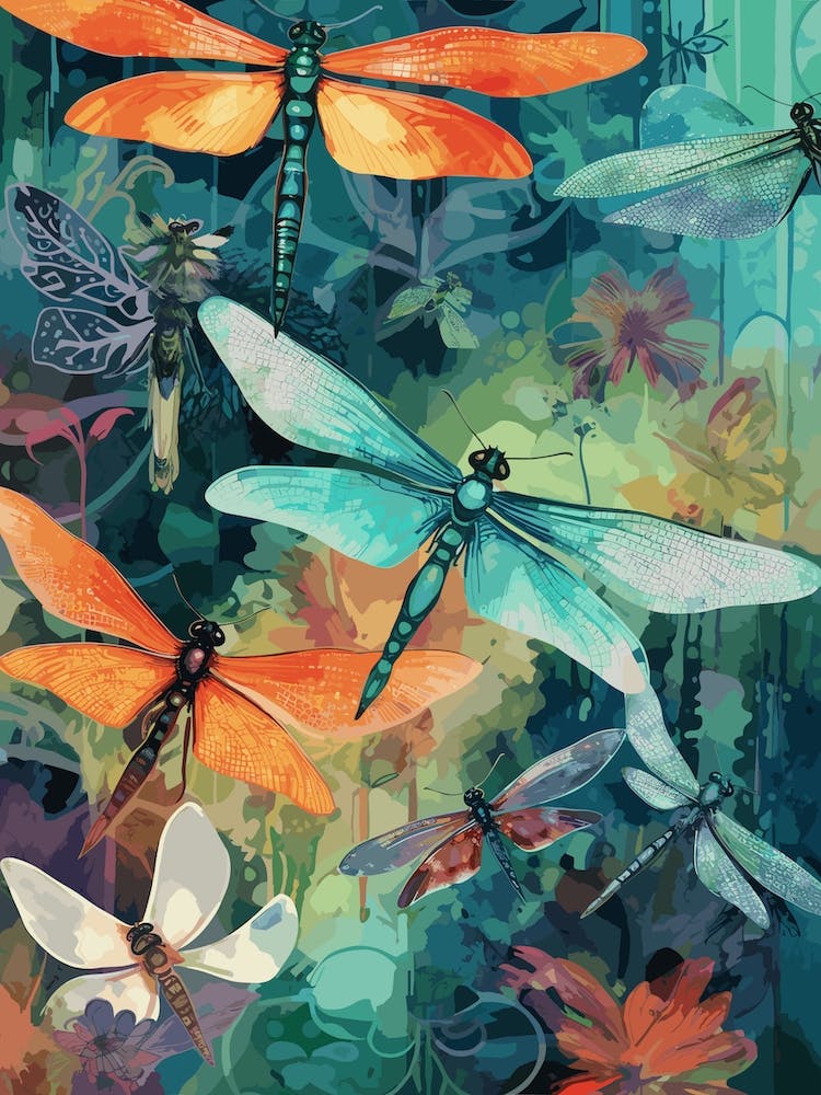 Dragonfly Collage Bright Colours 1