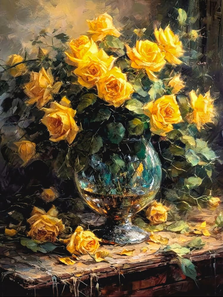 Vase of Yellow Roses | Dark Cottagecore Gloomy Beautiful Oil Painting