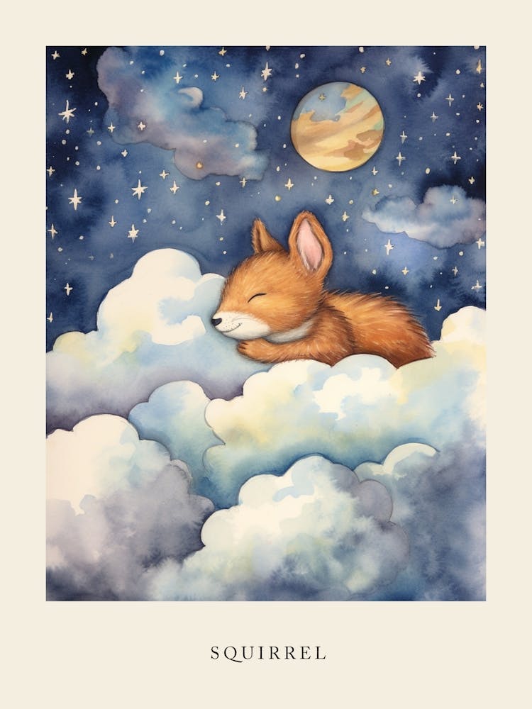 Baby Squirrel 2 Sleeping In The Clouds Nursery Poster