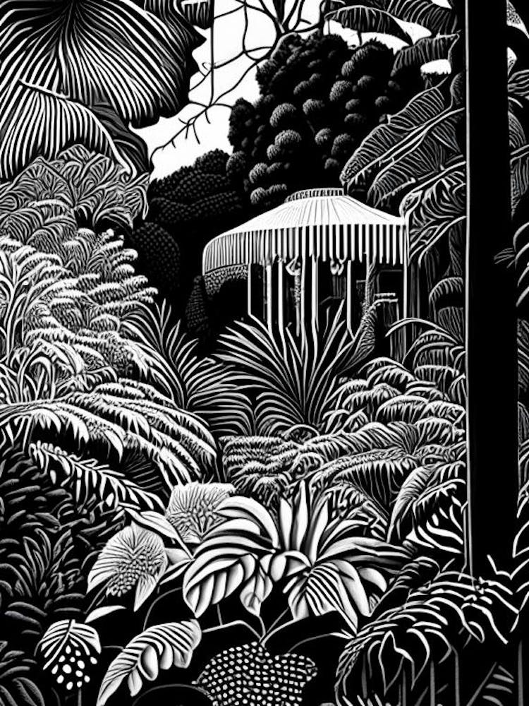 Auckland Domain Wintergardens, New Zealand Linocut Black And White Vintage