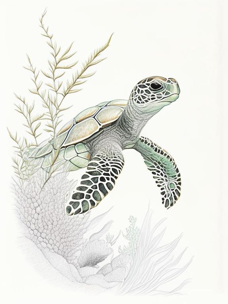 A Single Sea Turtle In Coral Reef, Sea Turtle Quentin Blake Illustration 1
