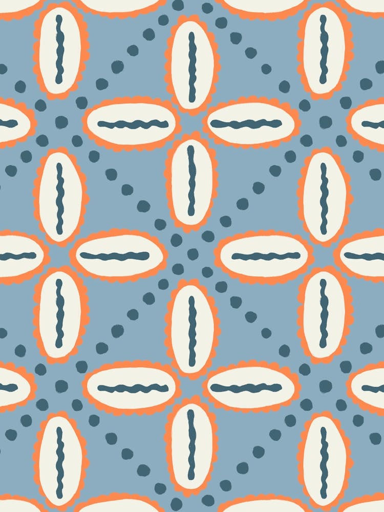 Cowrie Shell Damask Grid White, Orange, Blue, Navy