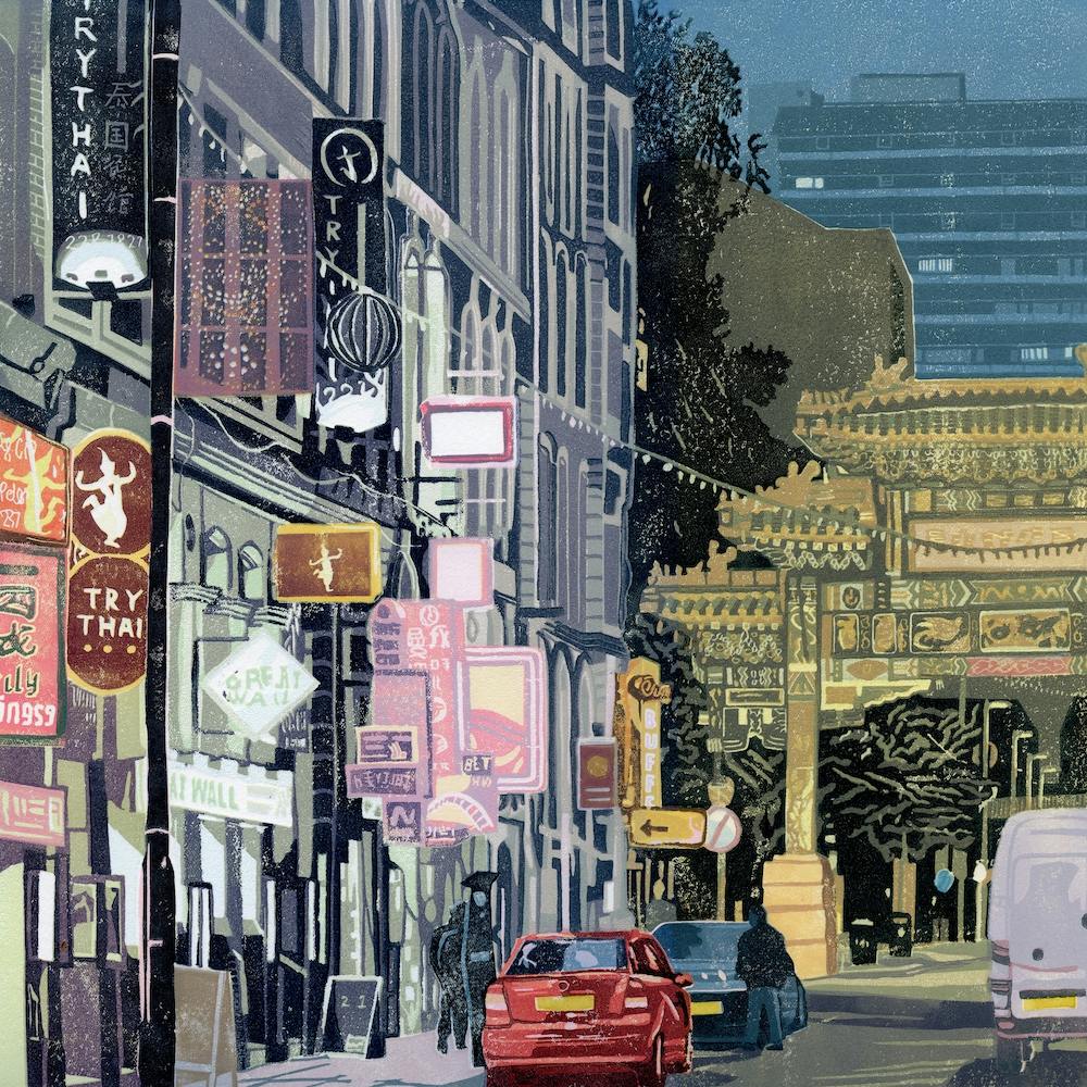 Manchester Chinatown Reduction Linocut