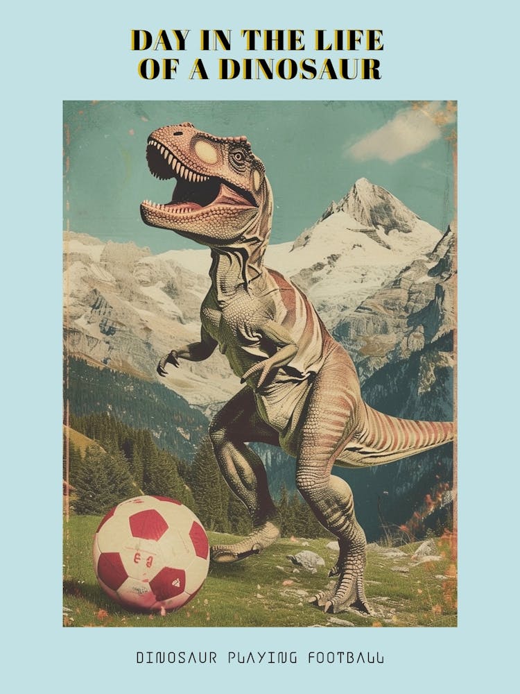 Dinosaur Playing Football Abstract Retro Collage 2 Poster