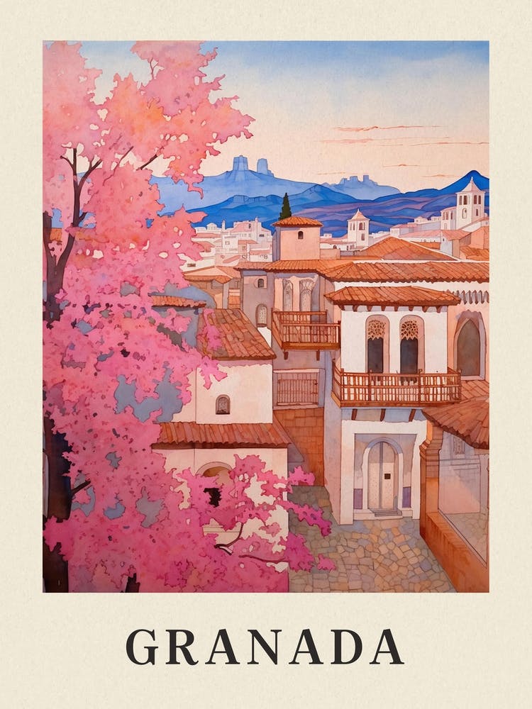 Granada Spain 6 Vintage Pink Travel Illustration Poster