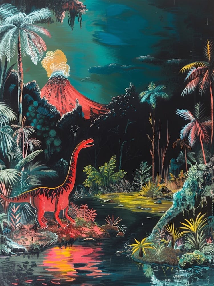 Dinosaur & The Volcano Painting 2