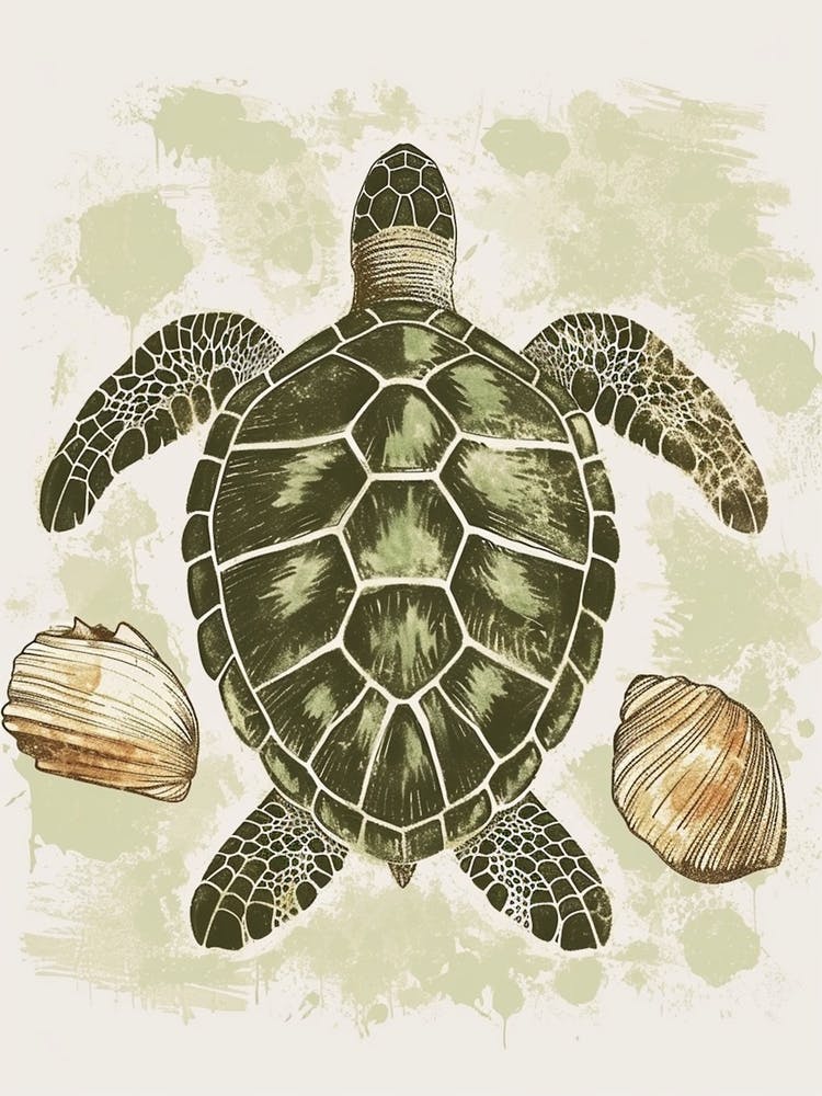 Sea Turtle & Shells Vintage Illustration 3 Art Print by Energy of the ...