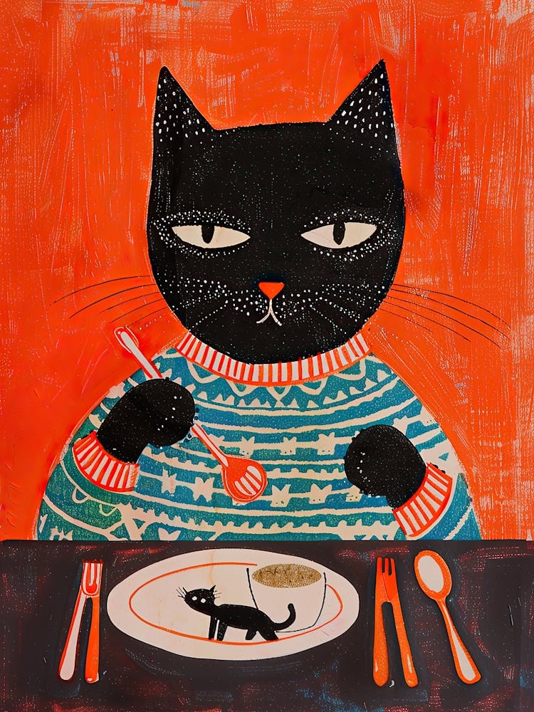 Black And Orange Cat Having Breakfast Folk Illustration 3