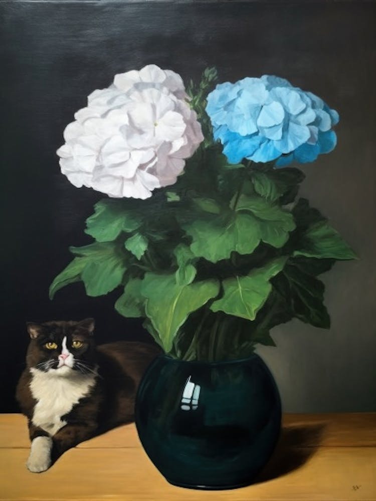 Painting Of A Still Life Of A Iris With A Cat, Realism 2