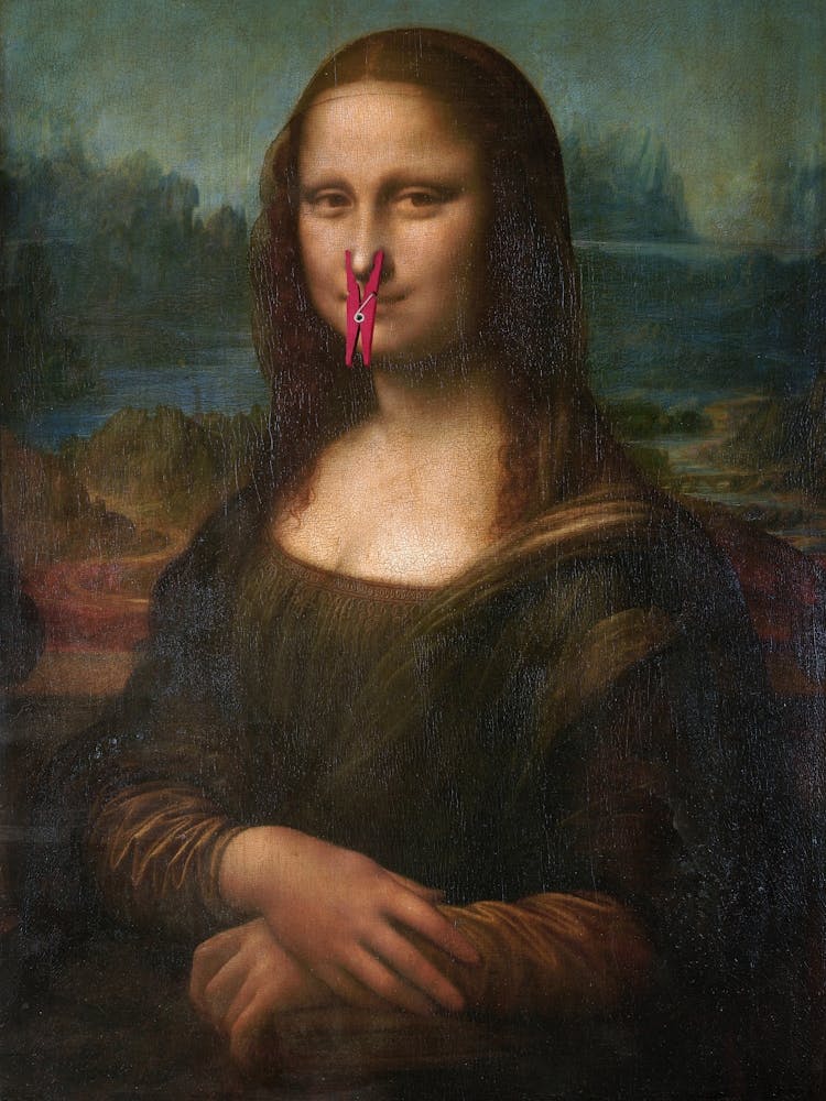 Mona Lisa Funny Bathroom Print with Nose Clip, Mona Lisa with Clothespin Poster Funny Bathroom Decor Print, Mona Lisa with Peg Nose Art with Toilet Humor 2