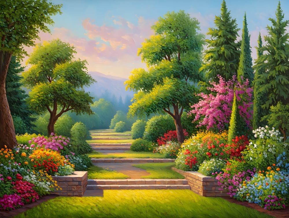 Ein friedlicher Gartenweg mit leuchtenden Blumen und üppigen Bäumen