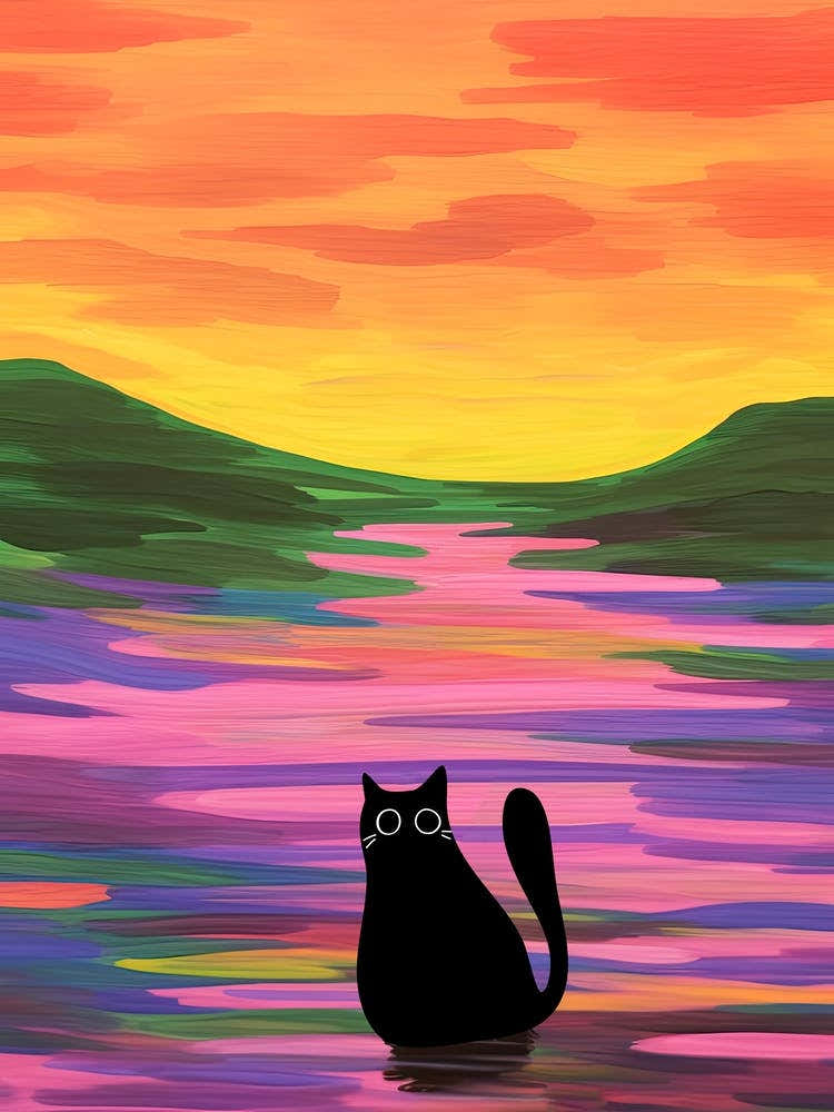 Cute Cat In Colourful Lake Painting
