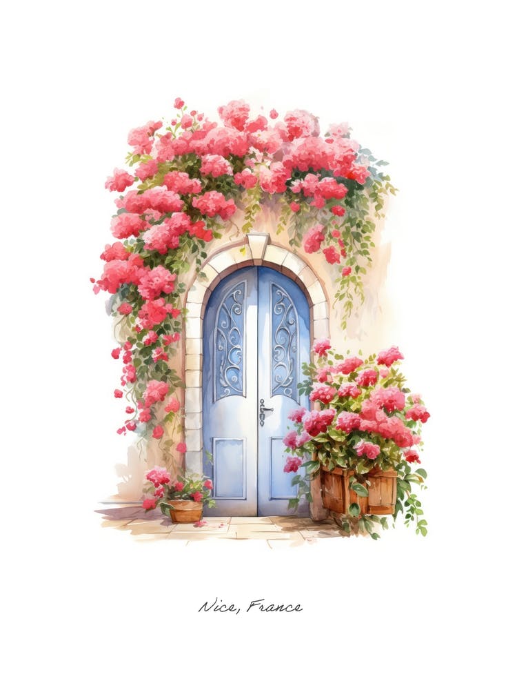 Nice, France   Mediterranean Doors Watercolour Painting 2 Poster