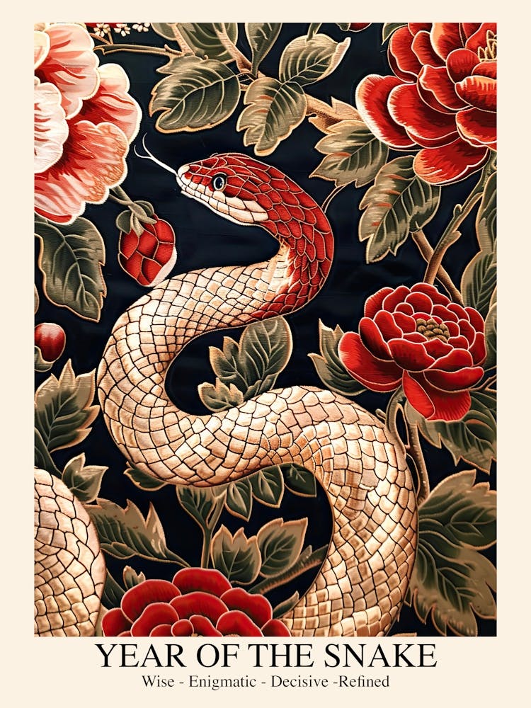 Lunar Year Of The Snake 2025 Wall Poster Framed Snake Art Chinese Zodiac Vintage Gold
