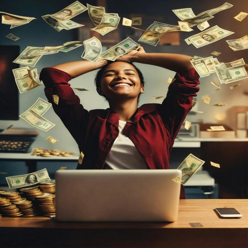 Woman With Money Falling On Her Head