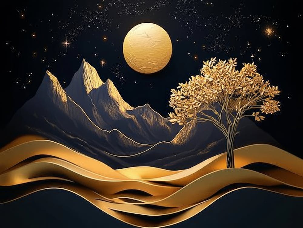 3d Modern Night Landscape with Dark Mountains, Dark Black Background with Stars