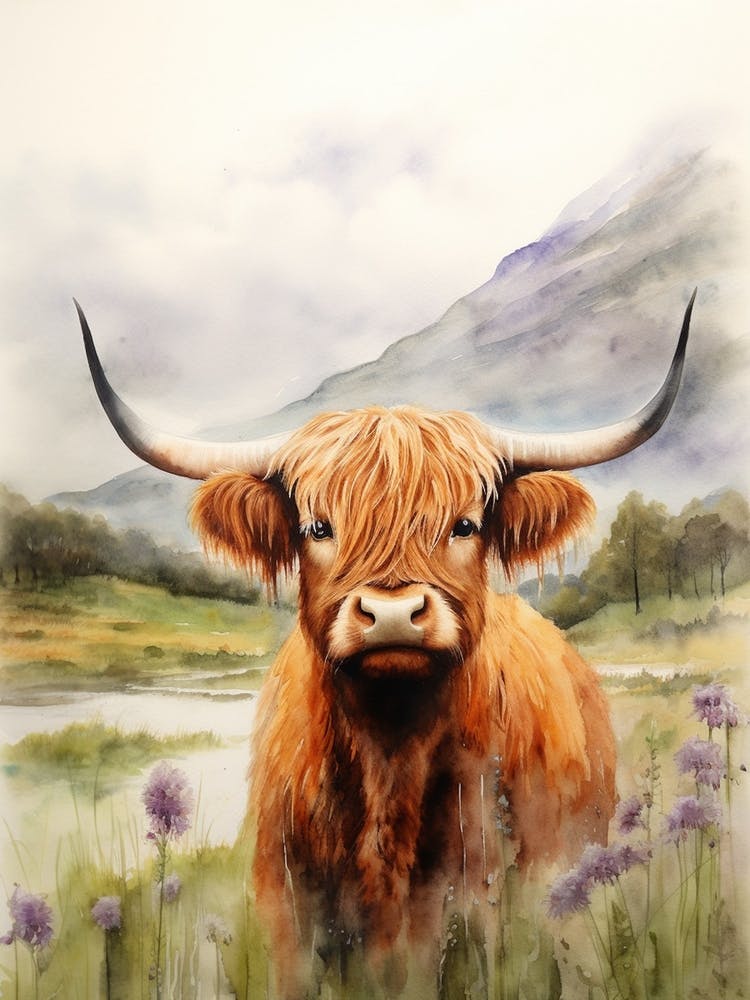 Watercolour Portrait Of A Highland Cow 3