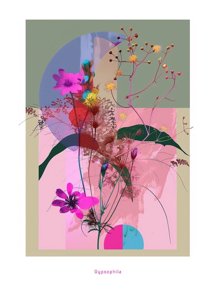 Gypsophila 2 Neon Flower Collage Poster
