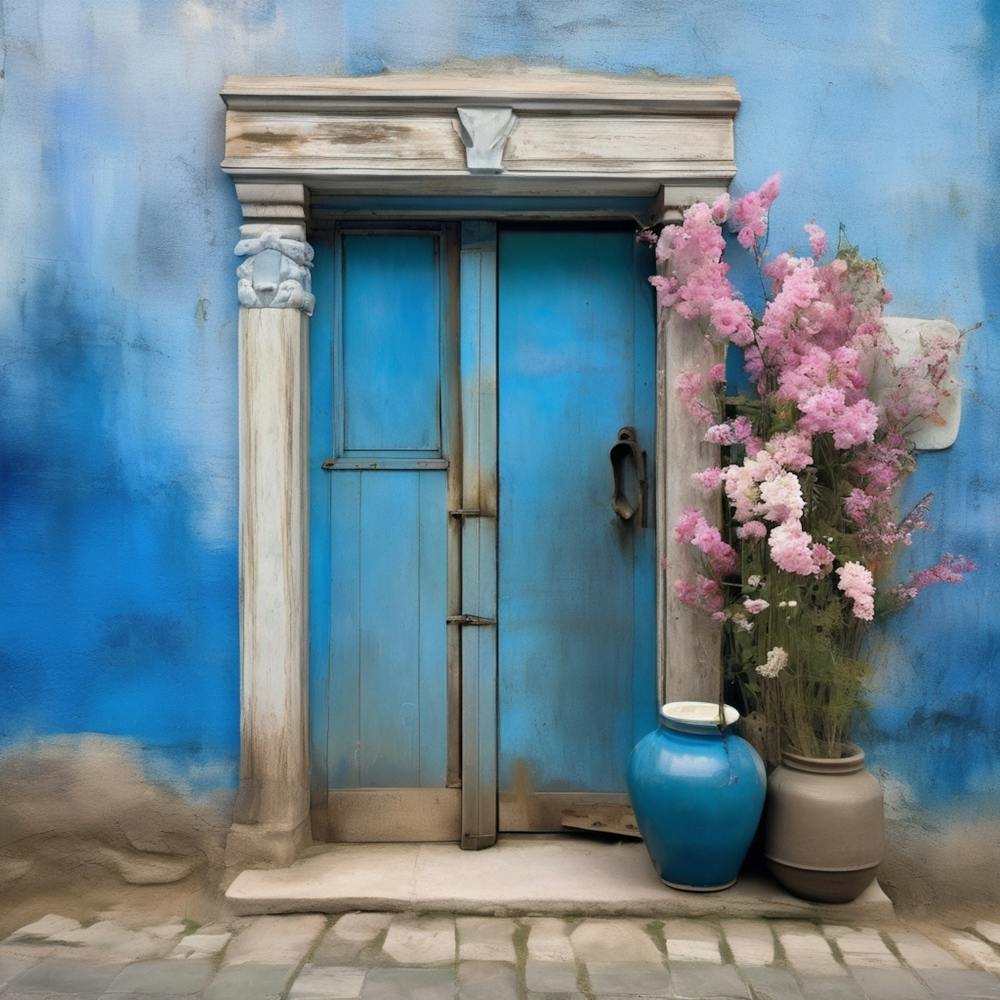 Blue wall. An old-style door in the middle, silver in color. There is a large pottery jar next to the door. There are flowers in the jar Spring oil colors. Wall painting.2