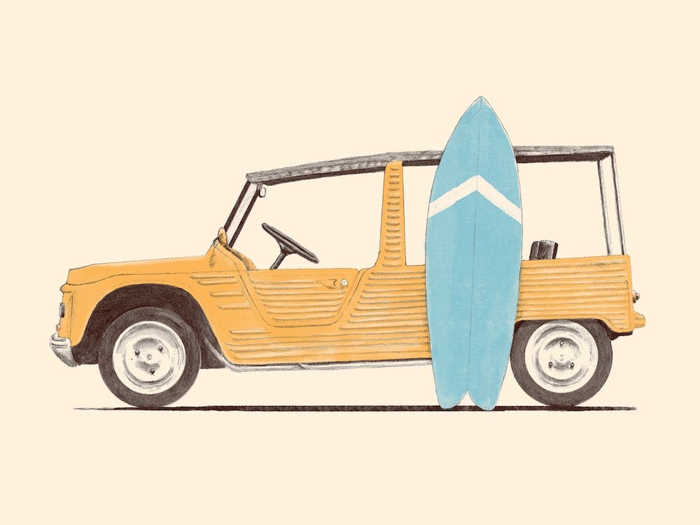 Vintage Car With Surfboard Yellow & Blue