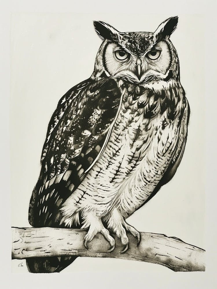 Verreauxs Eagle Owl Linocut Blockprint 1