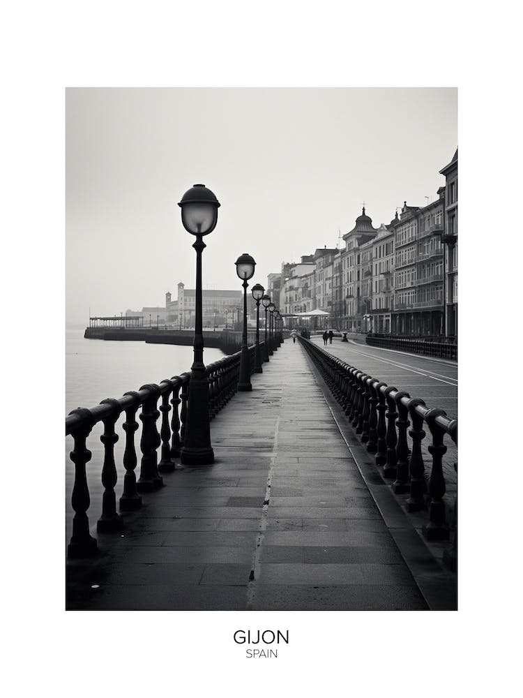 Poster Of Gijon, Spain, Black And White Analogue Photography 1
