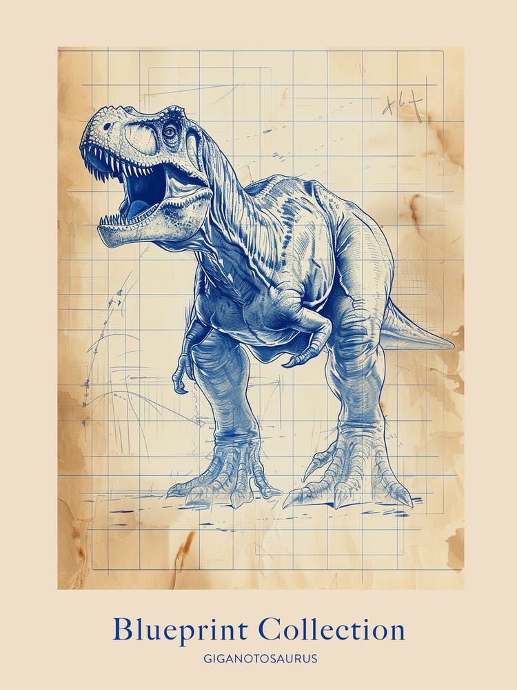 Giganotosaurus Dinosaur Blue Print Sketch 3 Poster