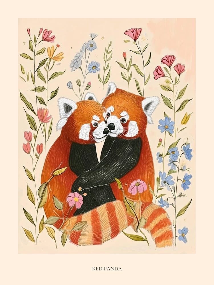 Folksy Floral Animal Drawing Red Panda 1 Poster