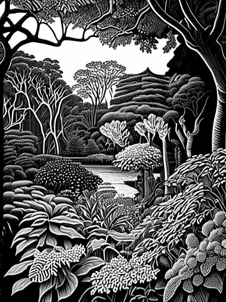 Niagara Parks Botanical Gardens, Canada Linocut Black And White Vintage