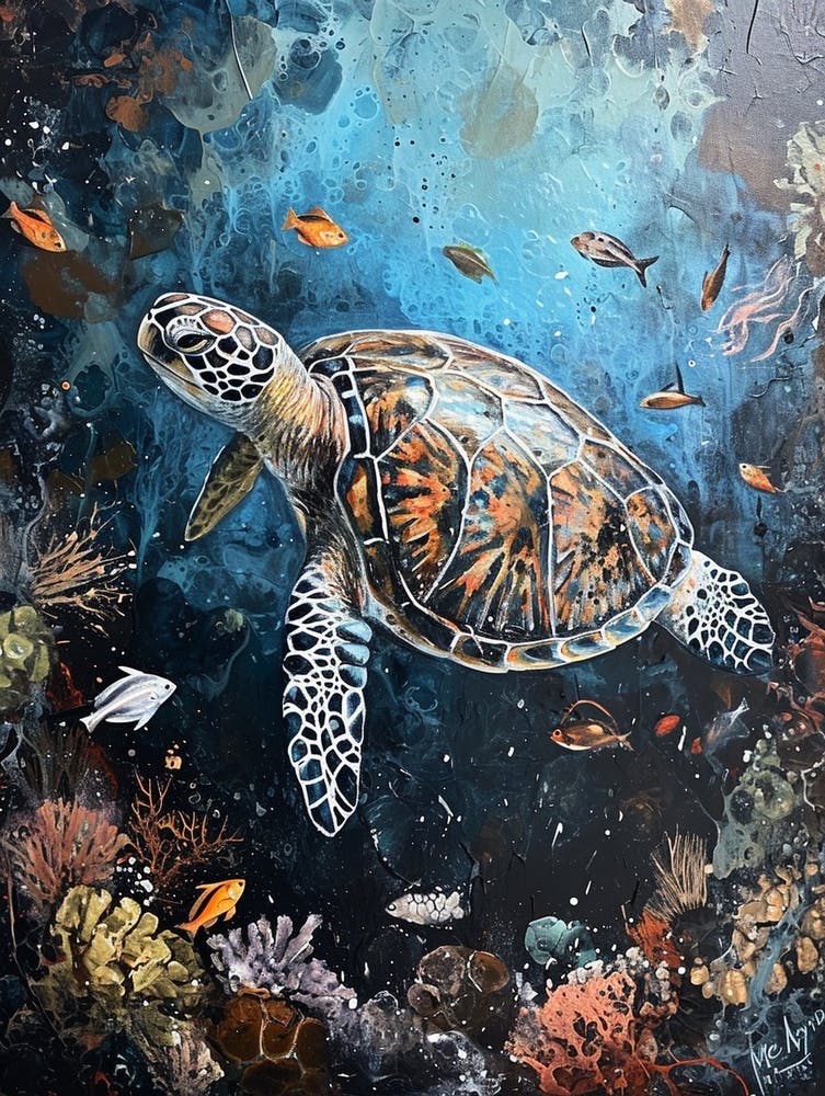 Turtle Underwater With Fish Painting 4