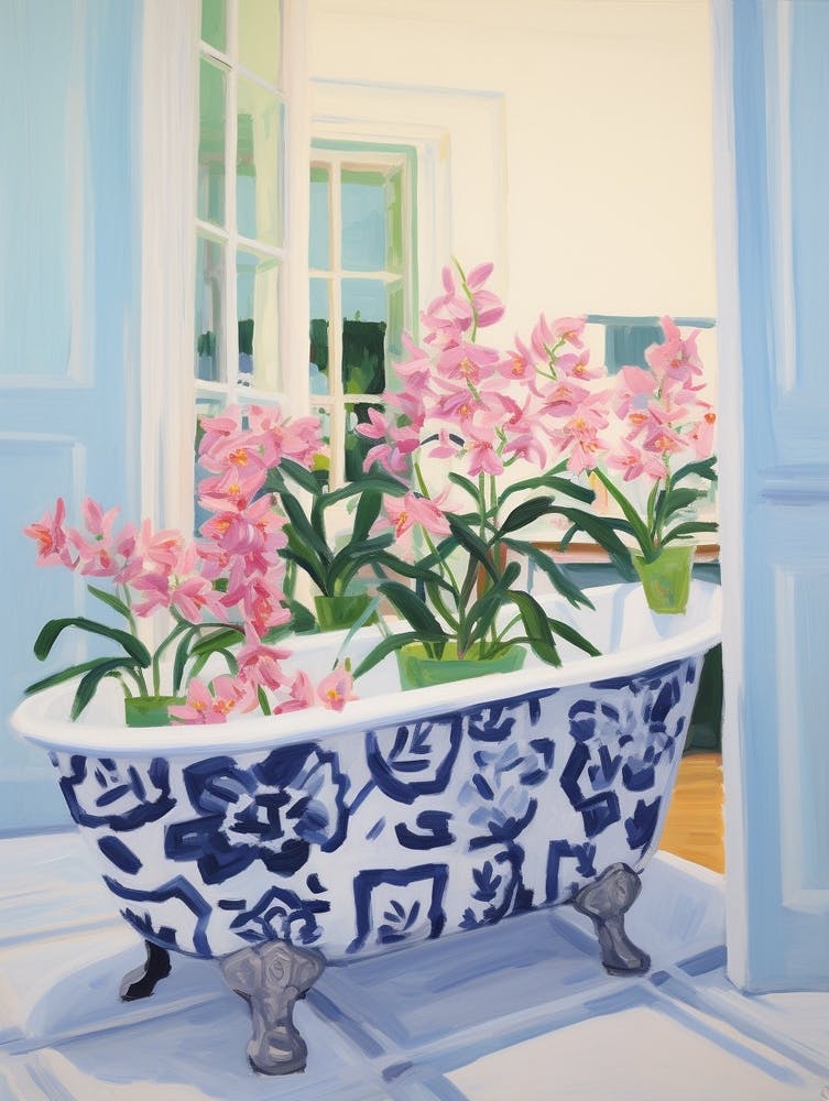 A Bathtube Full Of Orchid In A Bathroom 1