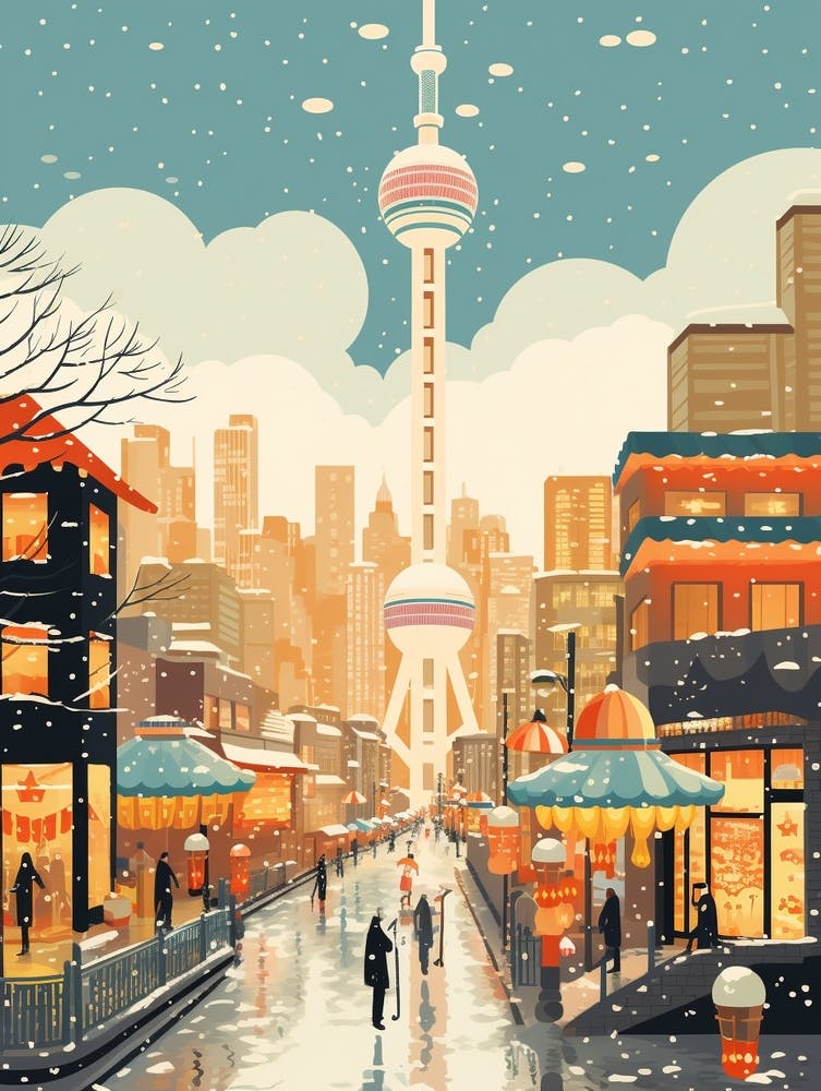 Winter Travel Night Illustration Shanghai China 2