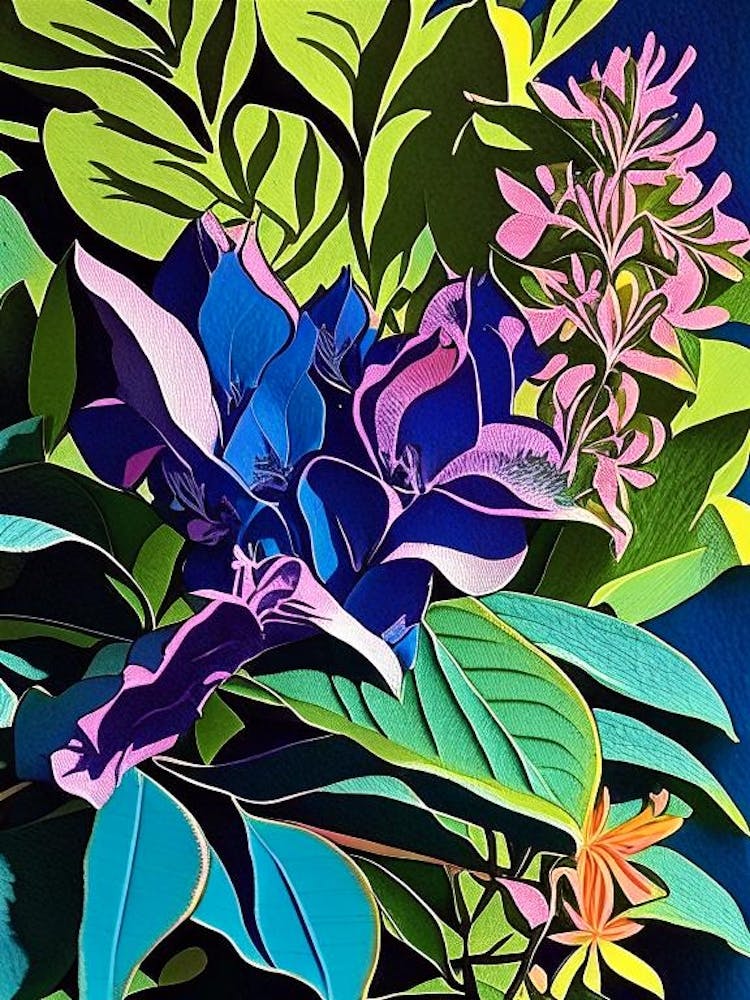 Rhododendron Leaf Colourful Abstract Linocut