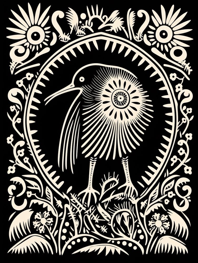 B&W Bird Linocut Kiwi 4