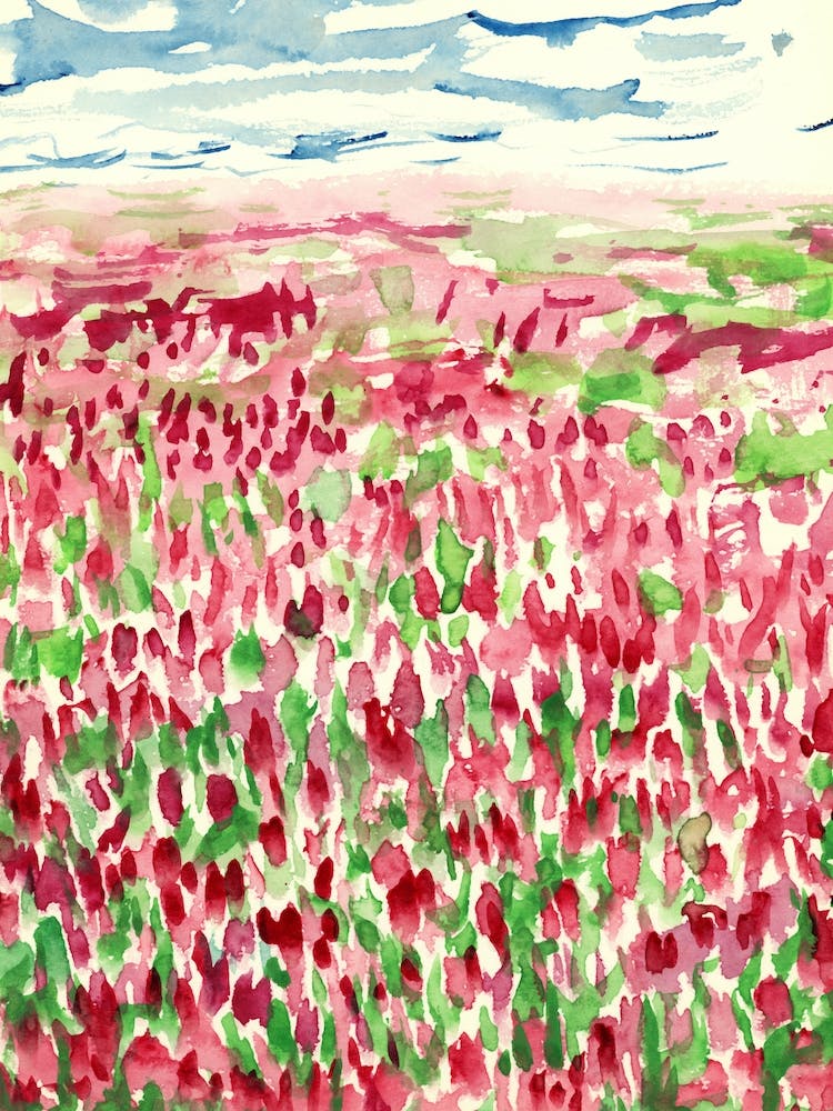 Red Tulips Field watercolor painting abstract flowers landscape hand painted red pink green floral impressionism impressionist