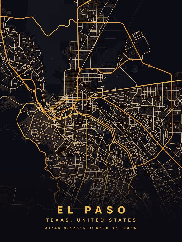 El Paso Texas USA Black And Gold Map