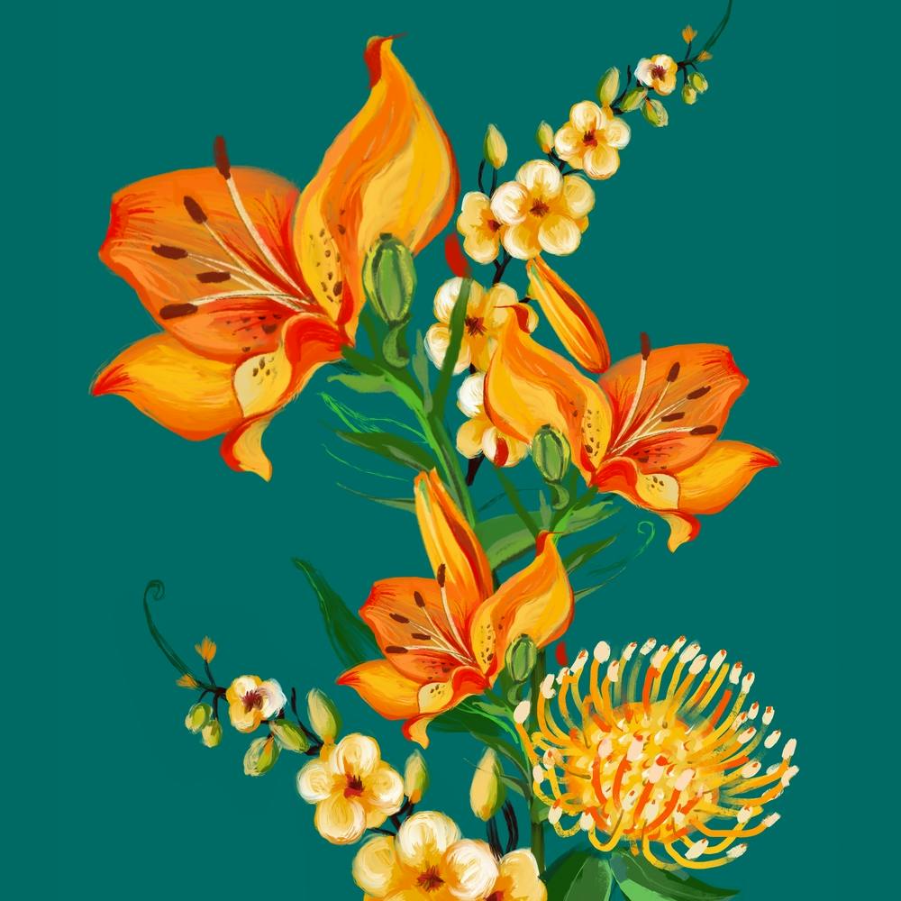 Orange Flowers On Teal Square
