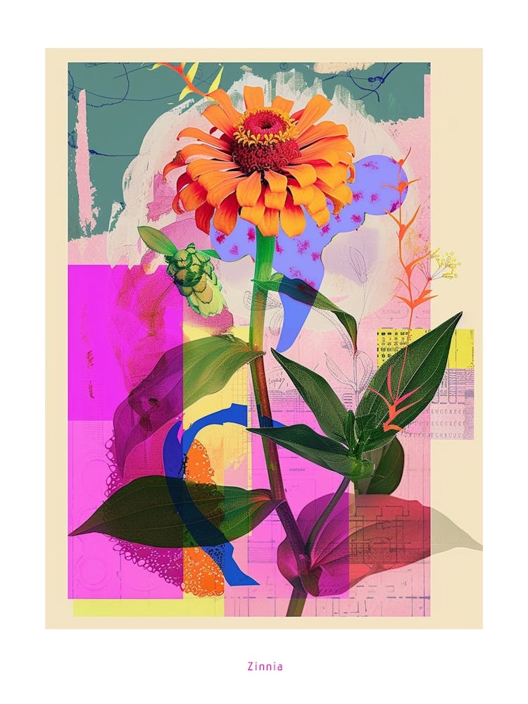 Zinnia 2 Neon Flower Collage Poster