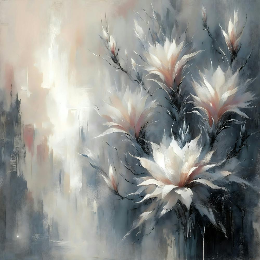 Elegant white flowers on abstract muted gray background