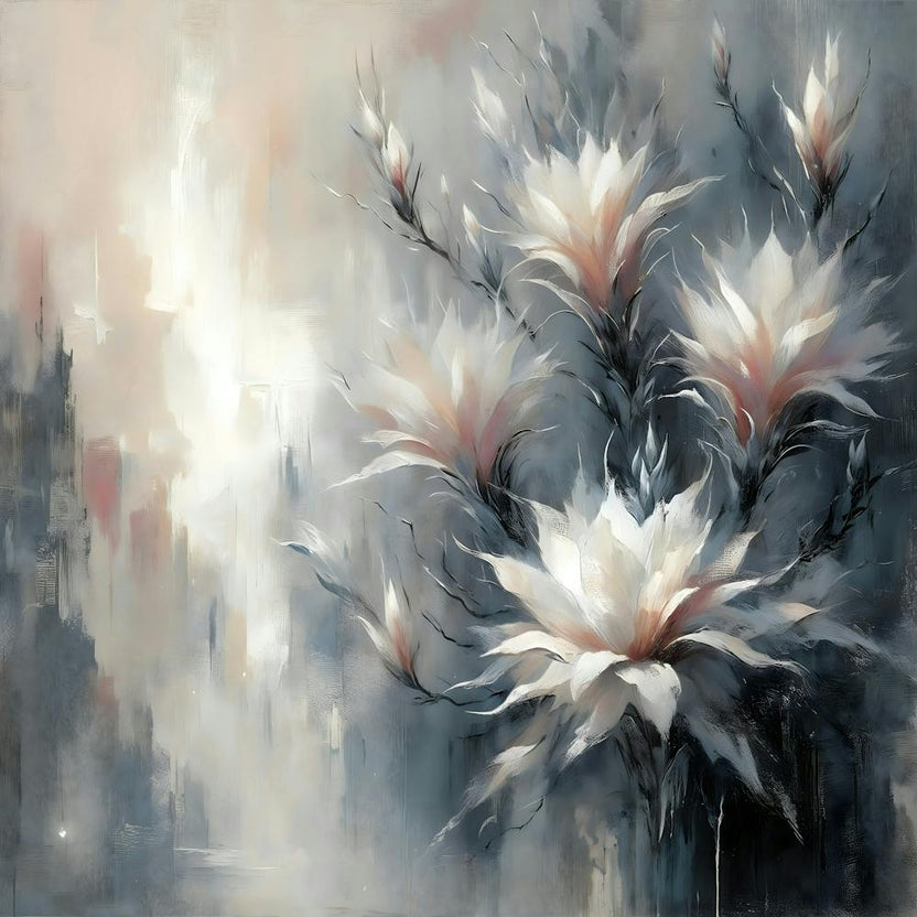 Elegant white flowers on abstract muted gray background