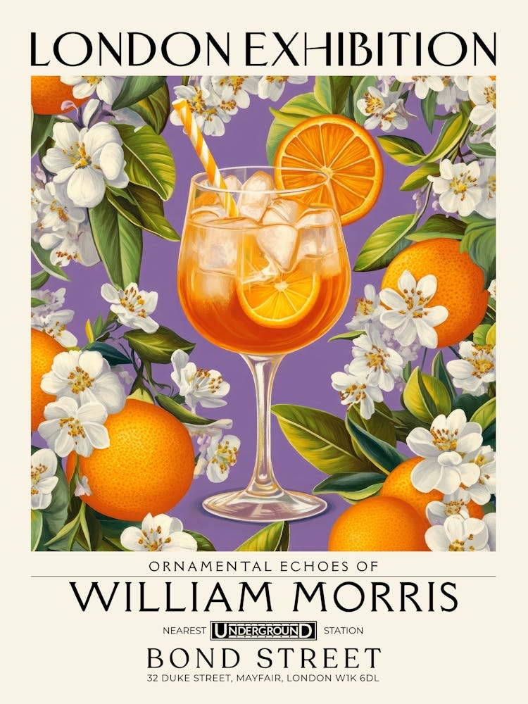 Aperol Spritz cocktail print William Morris style maximalist floral art, summer inspired drink wall art vintage botanical still life eclectic decor for bar cart, living room, kitchen, dining room 6
